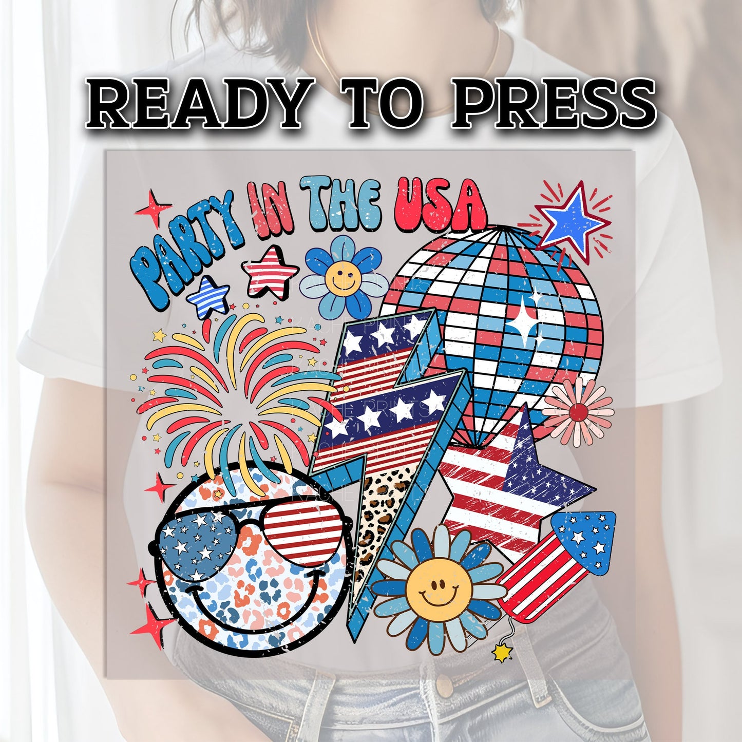 4th of July DTF Transfer Ready For Press, DTF Transfer, Heat Press Transfer, 4th of July Transfer, Party in the USA Retro Groovy, Dtf Prints