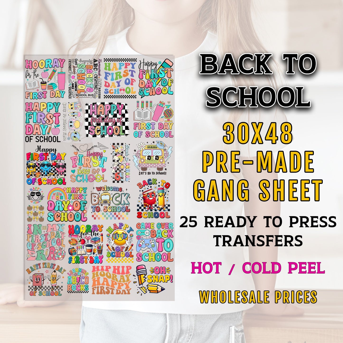 Back to School Gang Sheet, First Day of School Premade Gang Sheet, Teacher DTF Transfer, DTF Transfer Ready For Press, Teacher Transfers