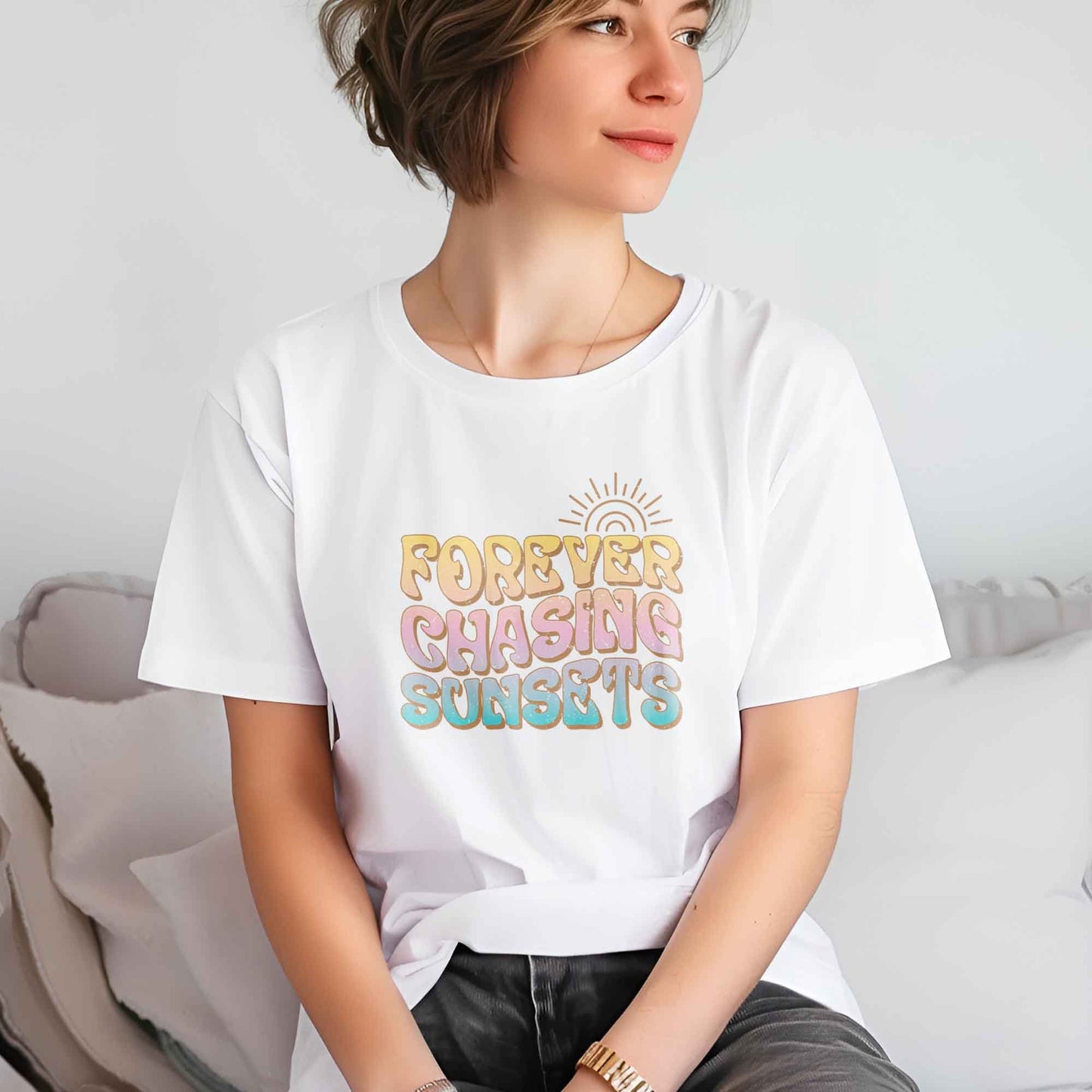 DTF Transfer Ready For Press, Summer DTF Transfers, Heat Press Transfer, T-shirt Transfers, Direct to Film, Forever Chasing Sunsets Transfer
