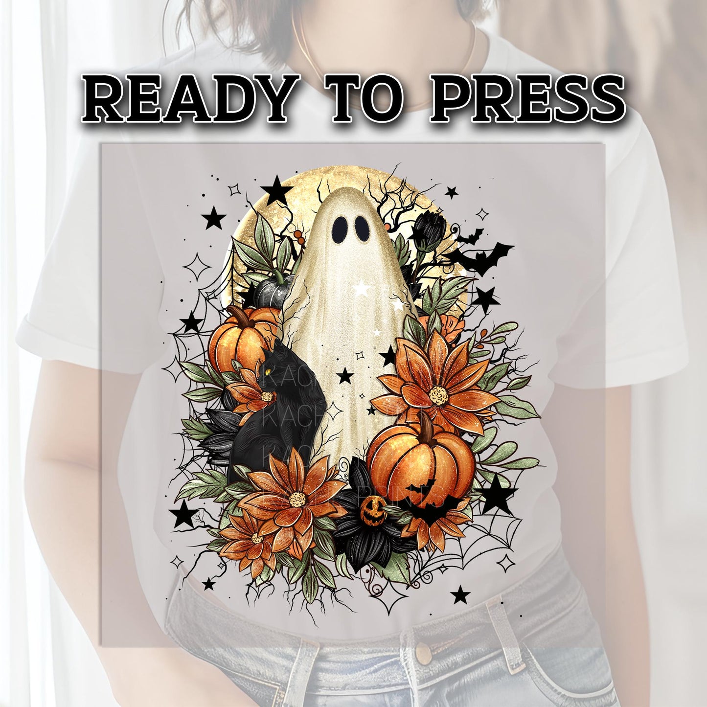 Halloween Cute Ghost DTF Transfers, Pumpkin Dtf Transfer, Halloween DTF Transfers Ready For Press, Heat Press Transfers, Black Cat Dtf Print