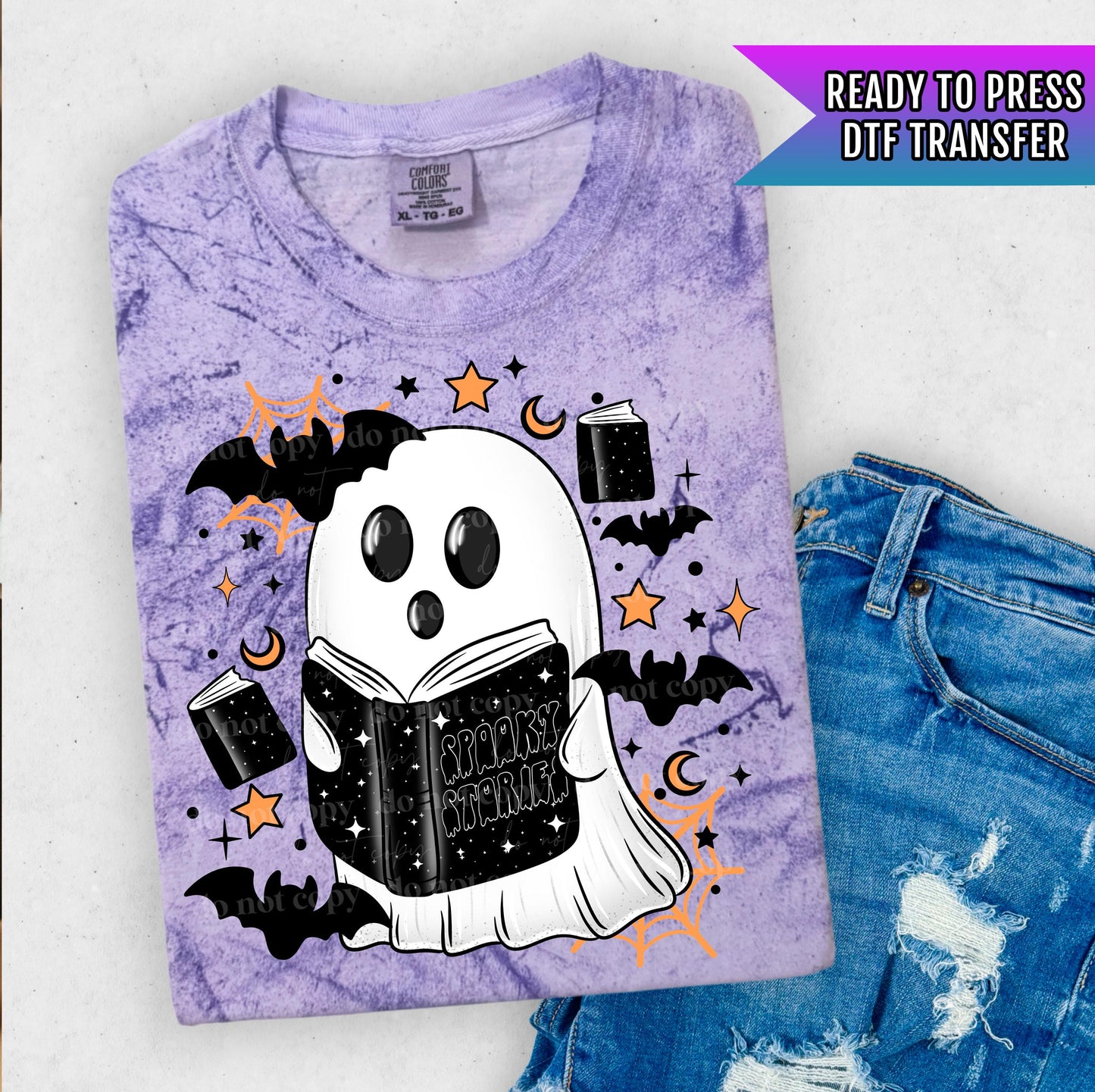 Ghost Reading Books DTF Transfers, Boo Dtf Transfers, Halloween DTF Transfers Ready For Press, Heat Press Transfers, Bookish Cute Ghost Dtf