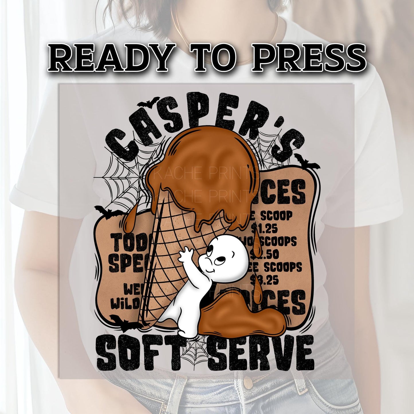 Casper's Soft Serve DTF Transfers, Halloween DTF Transfers Ready For Press, Heat Press Transfers, Ghost Dtf Prints, Halloween Ice Cream Dtf