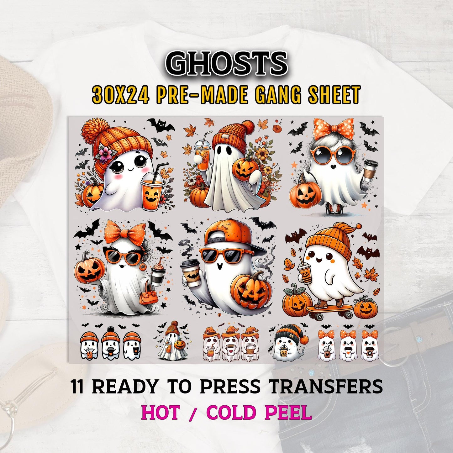 Ghosts Gang Sheet, Halloween DTF Transfer, Ghosts Ready To Press, DTF Transfer Ready For Press, Halloween Premade Gang Sheet,Cute Ghosts Dtf