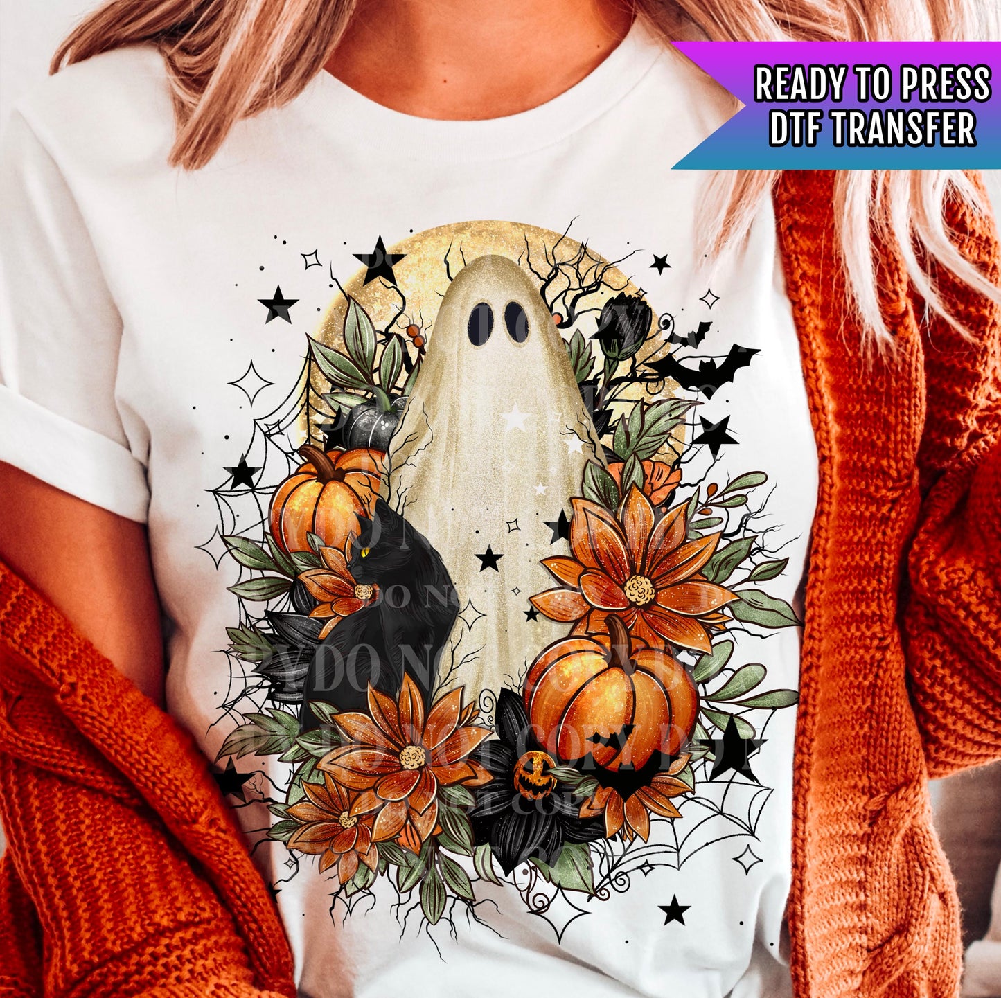 Halloween Cute Ghost DTF Transfers, Pumpkin Dtf Transfer, Halloween DTF Transfers Ready For Press, Heat Press Transfers, Black Cat Dtf Print