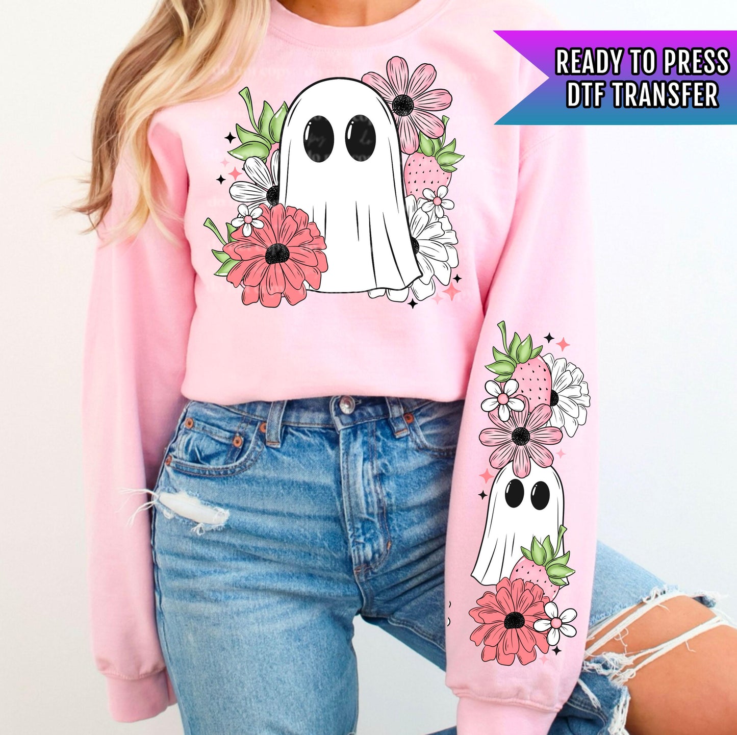 Cute Ghost DTF Transfers, Boo Dtf Transfer, Halloween DTF Transfers Ready For Press, Heat Press Transfers, Retro Ghost Dtf, Flower Halloween