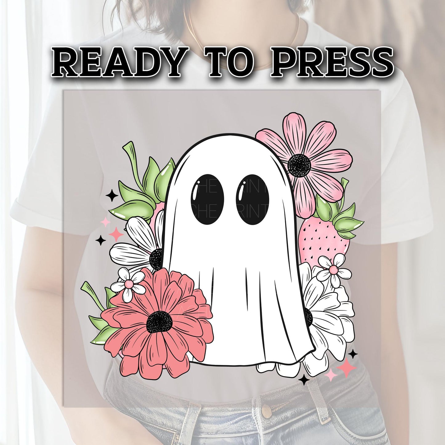 Cute Ghost DTF Transfers, Boo Dtf Transfer, Halloween DTF Transfers Ready For Press, Heat Press Transfers, Retro Ghost Dtf, Flower Halloween
