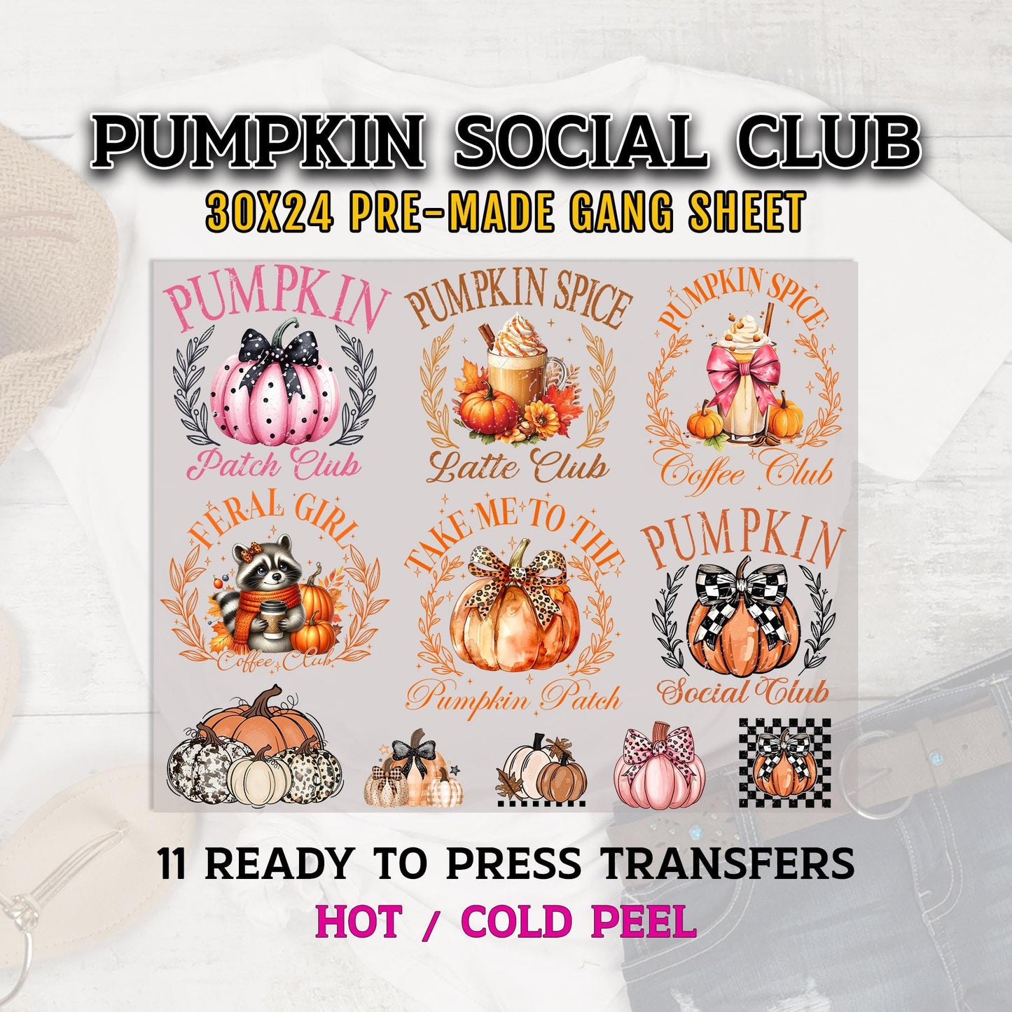 Pumpkin Gang Sheet, Fall DTF Transfers, Autumn DTF Transfer Ready For Press, Pumpkin Social Club Premade Gang Sheet, Heat Transfer, Dtf