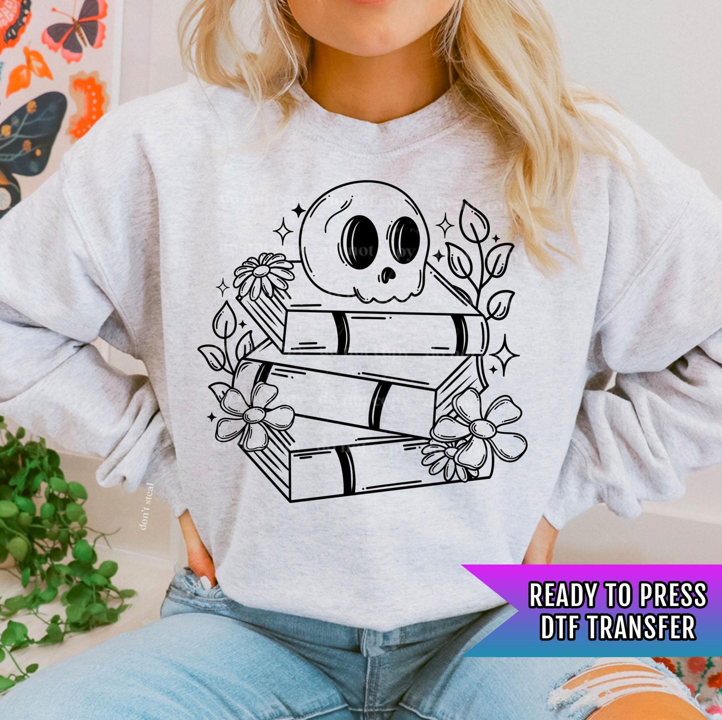Skellie Book Stack DTF Transfers, Skull Dtf Transfer, Halloween DTF Transfer Ready For Press, Horror Dtf, Spooky Season, Heat Press Transfer