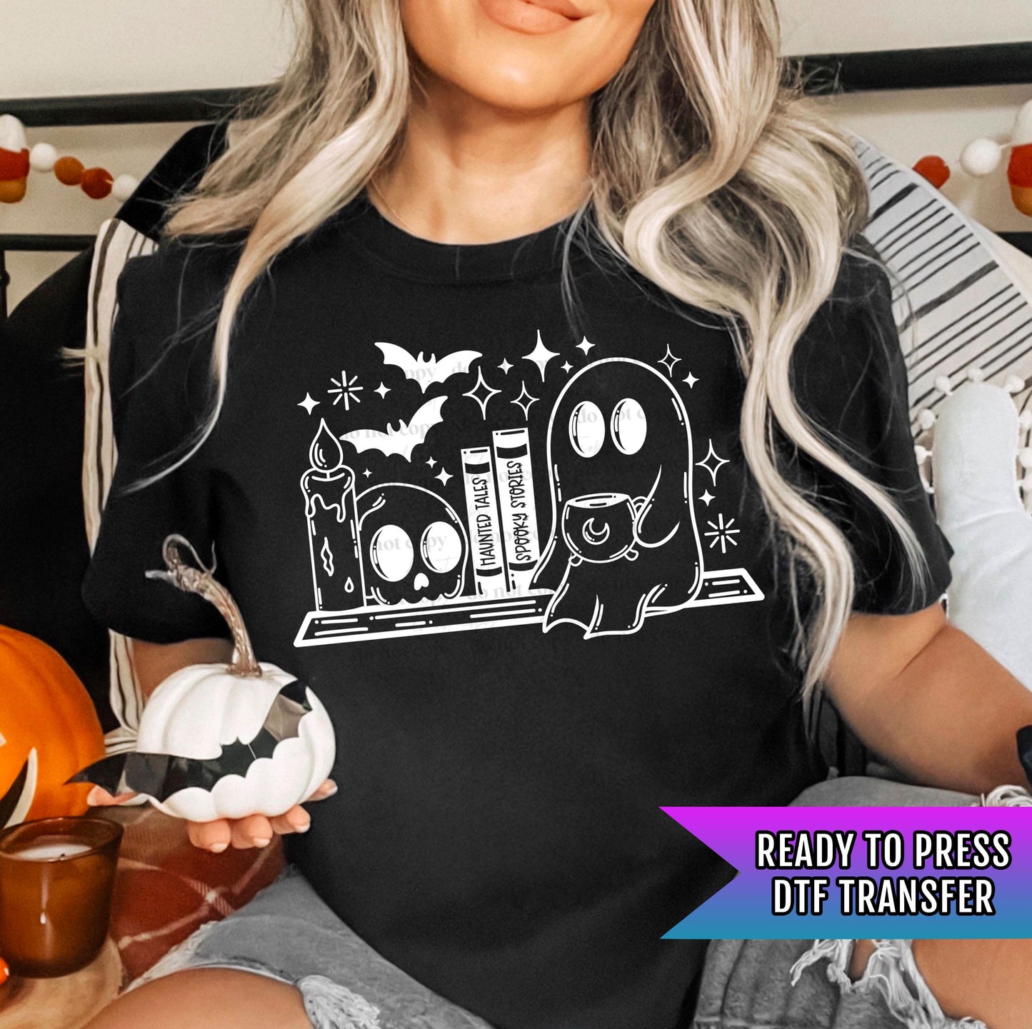 Ghost Shelf DTF Transfers Ready For Press, Halloween DTF Prints, Ghost Dtf Print, Bats Dtf, Heat Press Transfer, Spooky Stories DTF Transfer