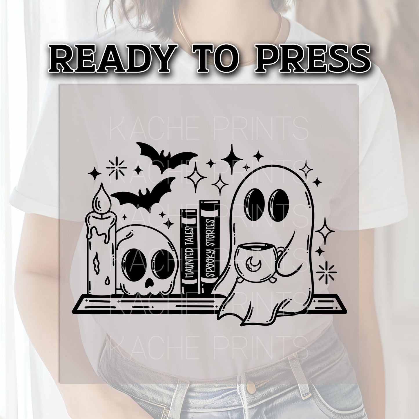 Ghost Shelf DTF Transfers Ready For Press, Halloween DTF Prints, Skull Dtf Print, Bats Dtf, Heat Press Transfer, Spooky Stories DTF Transfer