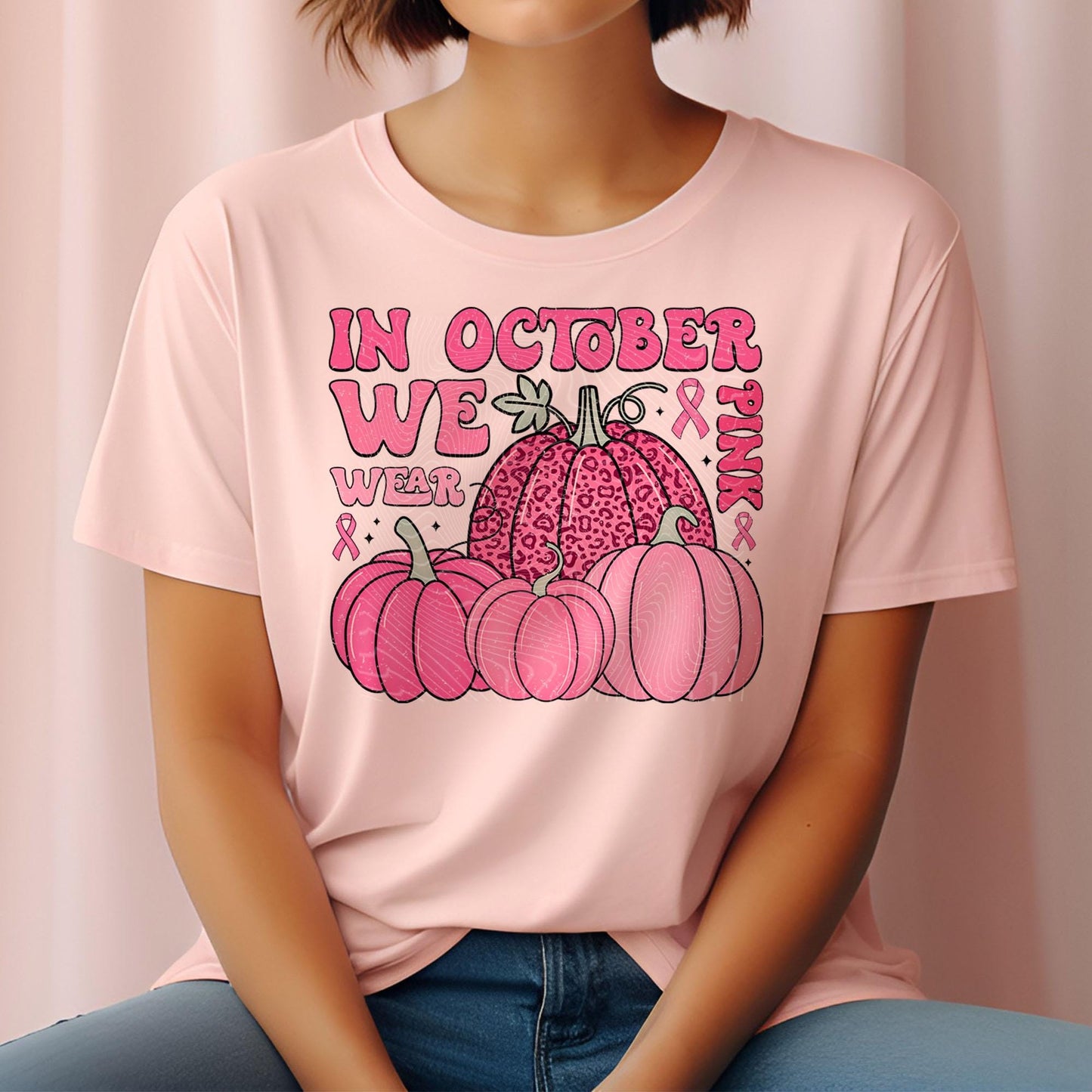 In October We Wear Pink DTF Transfer Ready For Press, Breast Cancer Fight Dtf Prints, Heat Press Transfers, Pink Ribbon Cancer DTF Transfers