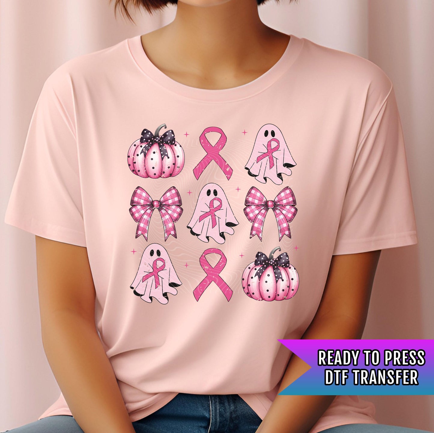 Coquette Breast Cancer Ghost Pumpkin Retro DTF Transfer Ready For Press, Tackle Cancer Dtf Print, Support Breast Cancer, Heat Press Transfer