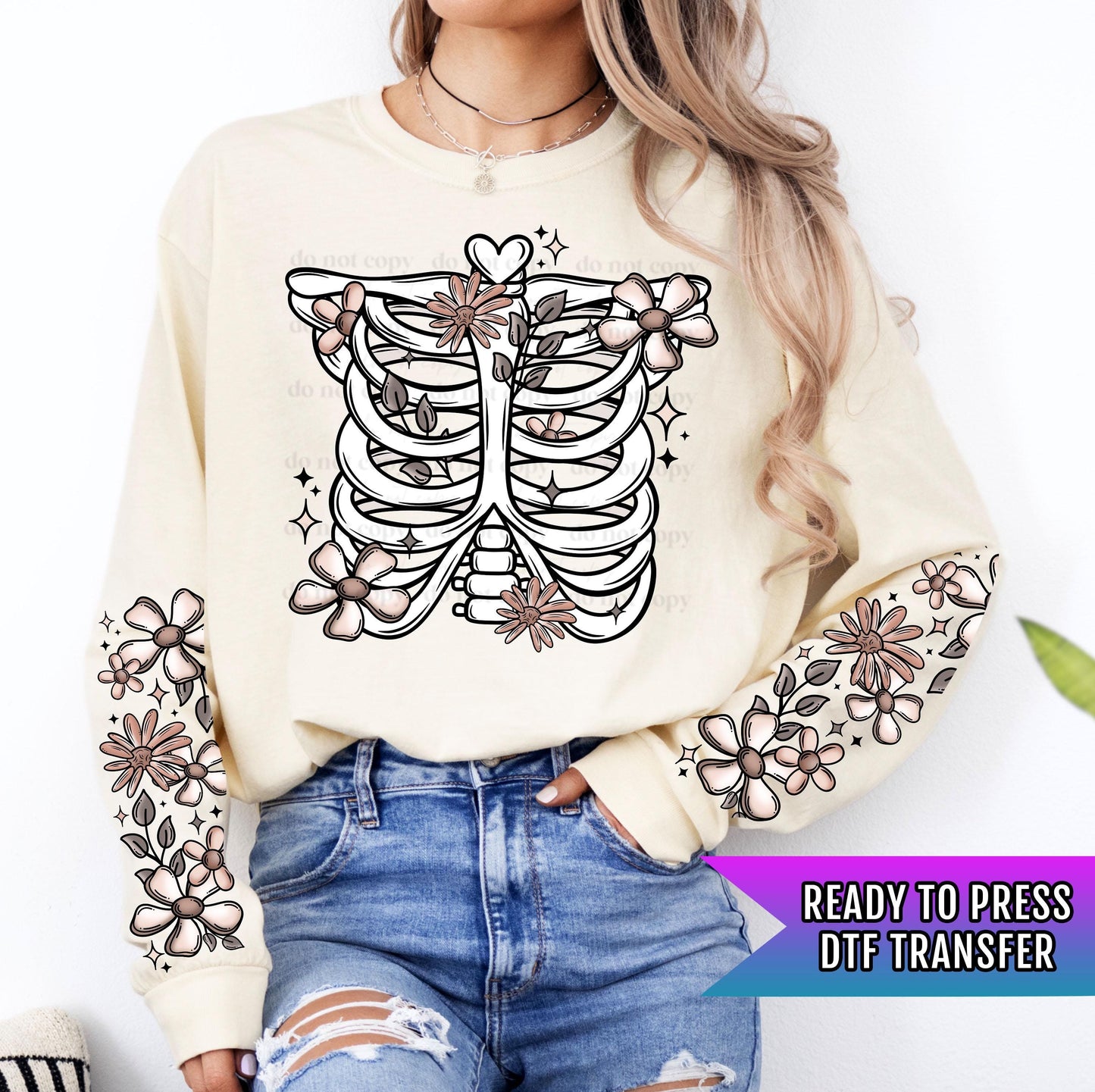 Skeleton DTF Transfer, Floral Ribcage DTF Transfer Ready For Press, Skull DTF Print, Heat Press Transfer, Skeleton Dtf Prints, Halloween Dtf