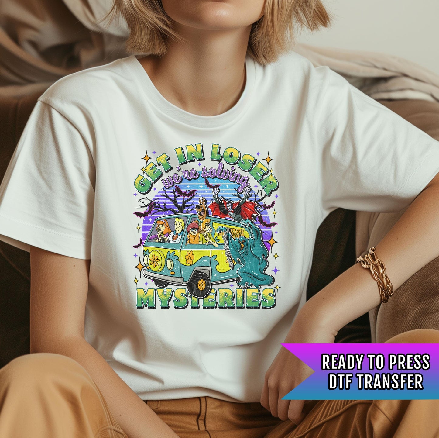 Get In Loser We're Solving Mysteries DTF Transfers, Halloween DTF Transfers Ready For Press, Heat Press Transfer, Horror Dtf Print, Bats Dtf