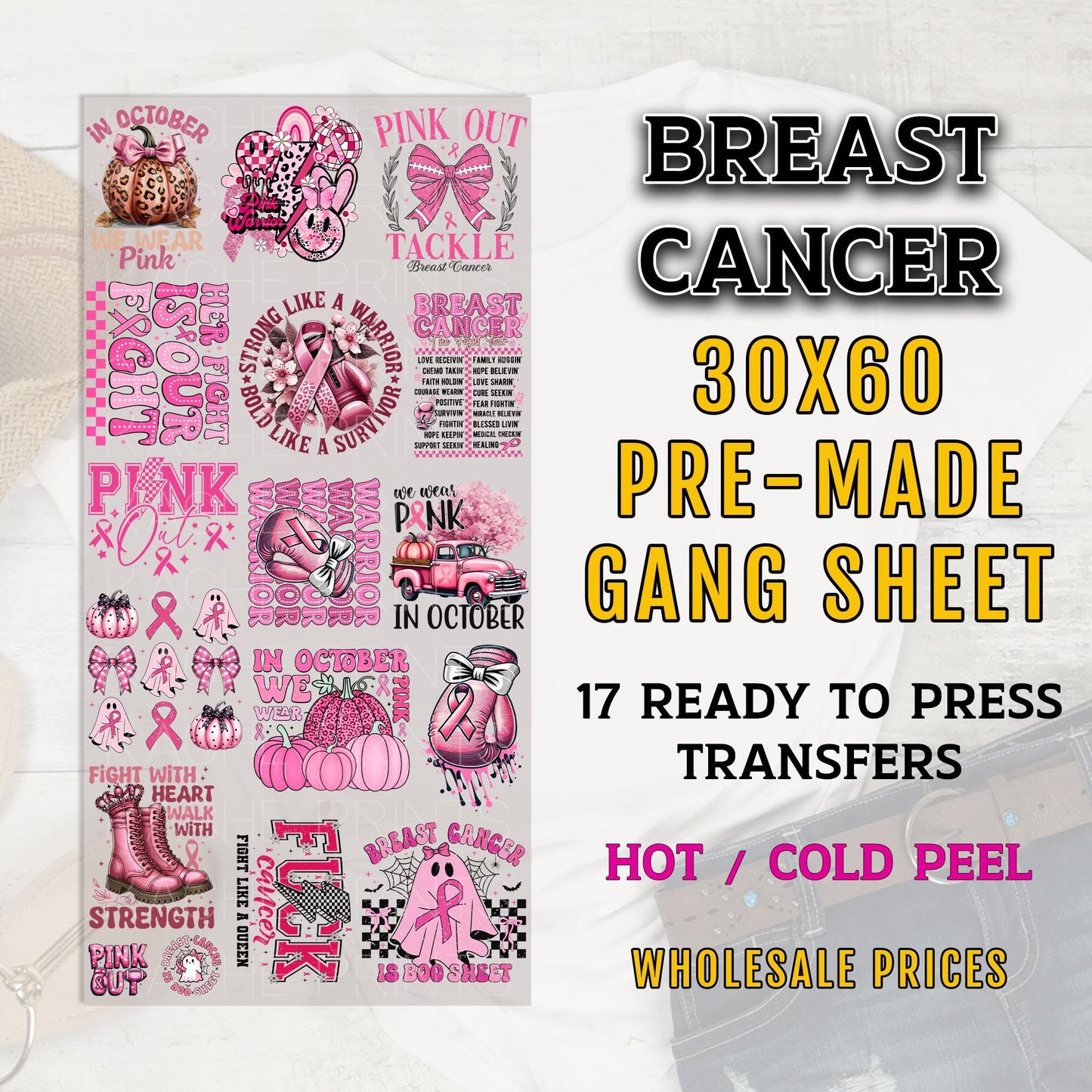 Breast Cancer Gang Sheet, Breast Cancer DTF Transfer, Breast Cancer Awareness DTF Transfer Ready For Press, Premade Gang Sheet, Pink October