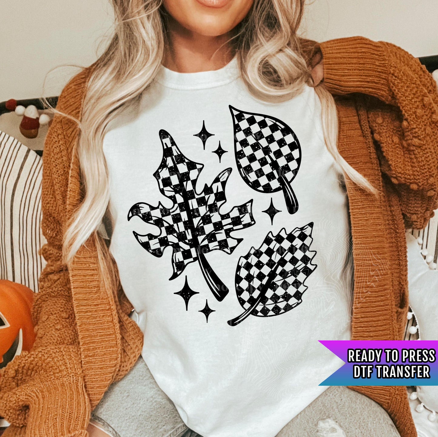 Checker Leaves DTF Transfers Ready For Press, Fall Love DTF Prints, Autumn DTF Transfer, Direct To Film, Heat Press Transfer,Fall Leaves Dtf