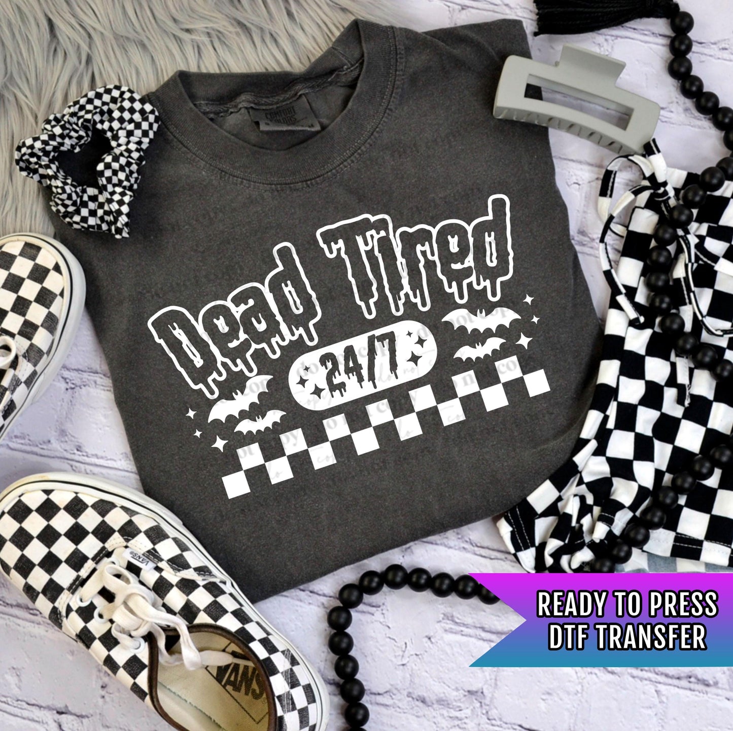 Dead Tired 24/7 DTF Transfers, Retro Halloween DTF Transfers Ready For Press, Heat Press Transfers, Dead Tired But Still Flying Dtf Transfer