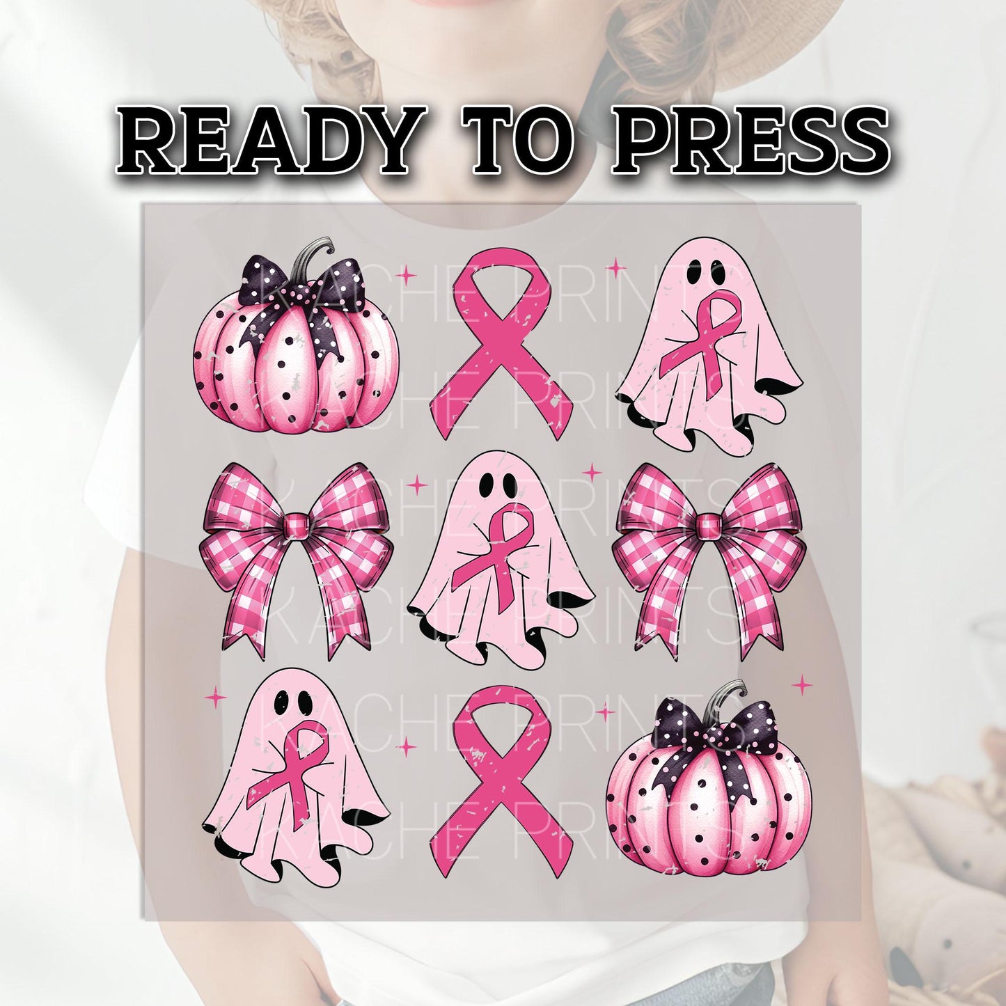 Coquette Breast Cancer Ghost Pumpkin Retro DTF Transfer Ready For Press, Tackle Cancer Dtf Print, Support Breast Cancer, Heat Press Transfer