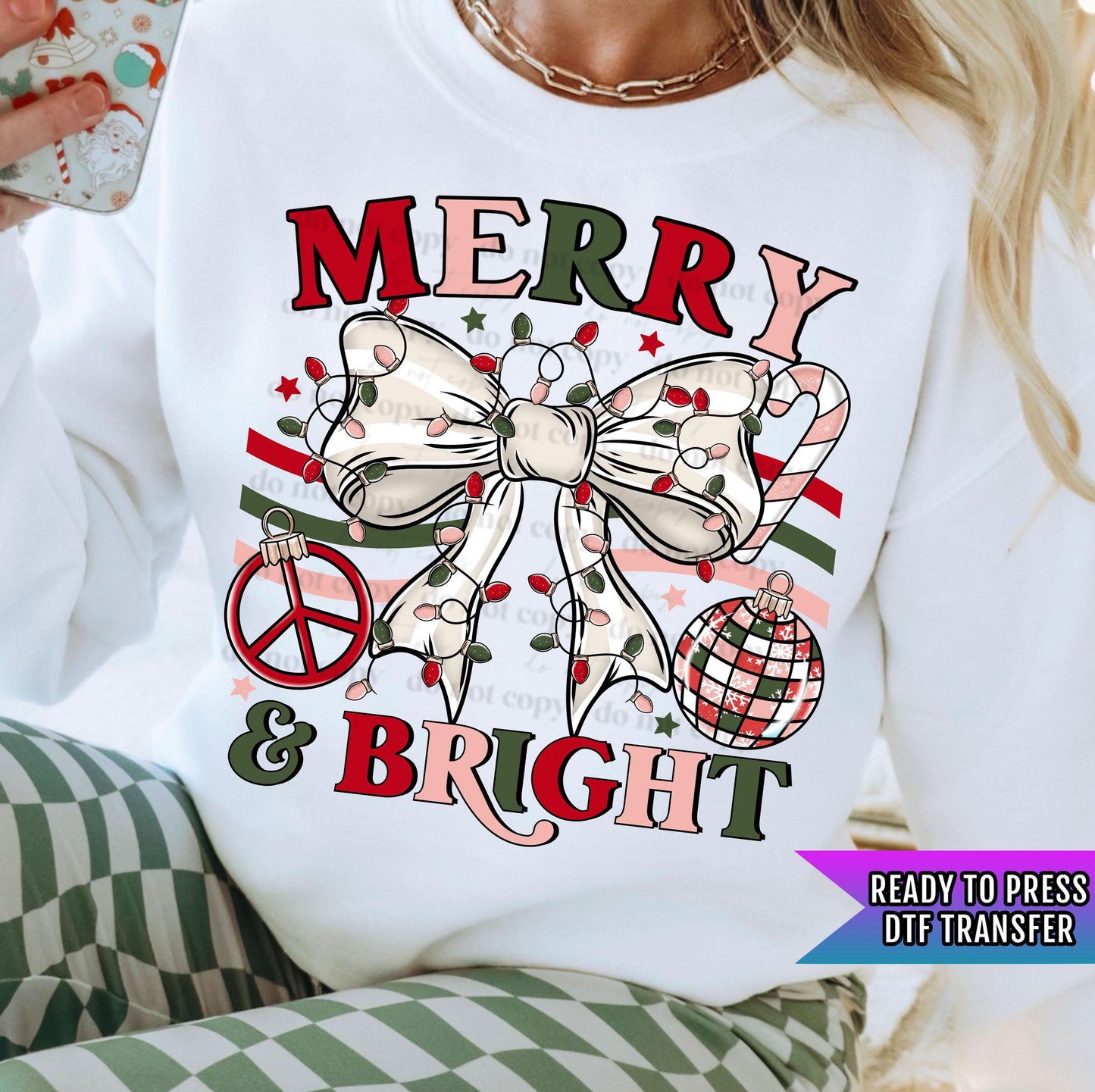 Merry & Bright DTF Transfers Ready For Press, Merry Christmas DTF Prints, Heat Press Transfer, Direct To Film, Happy Holidays Days Dtf Print