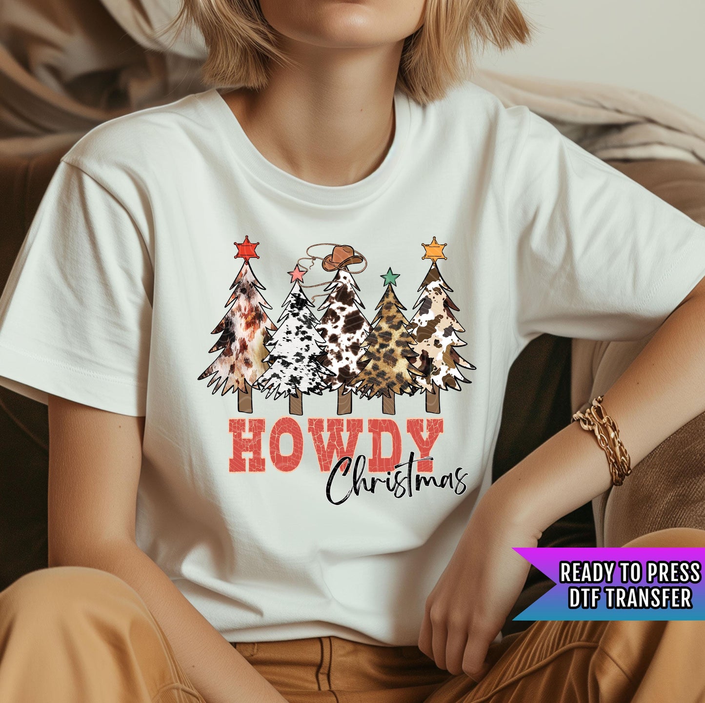 Christmas Tree Howdy Cow DTF Transfer Ready For Press, Farm Christmas DTF Print, Heat Press Transfer, Direct To Film, Animal Lover Christmas