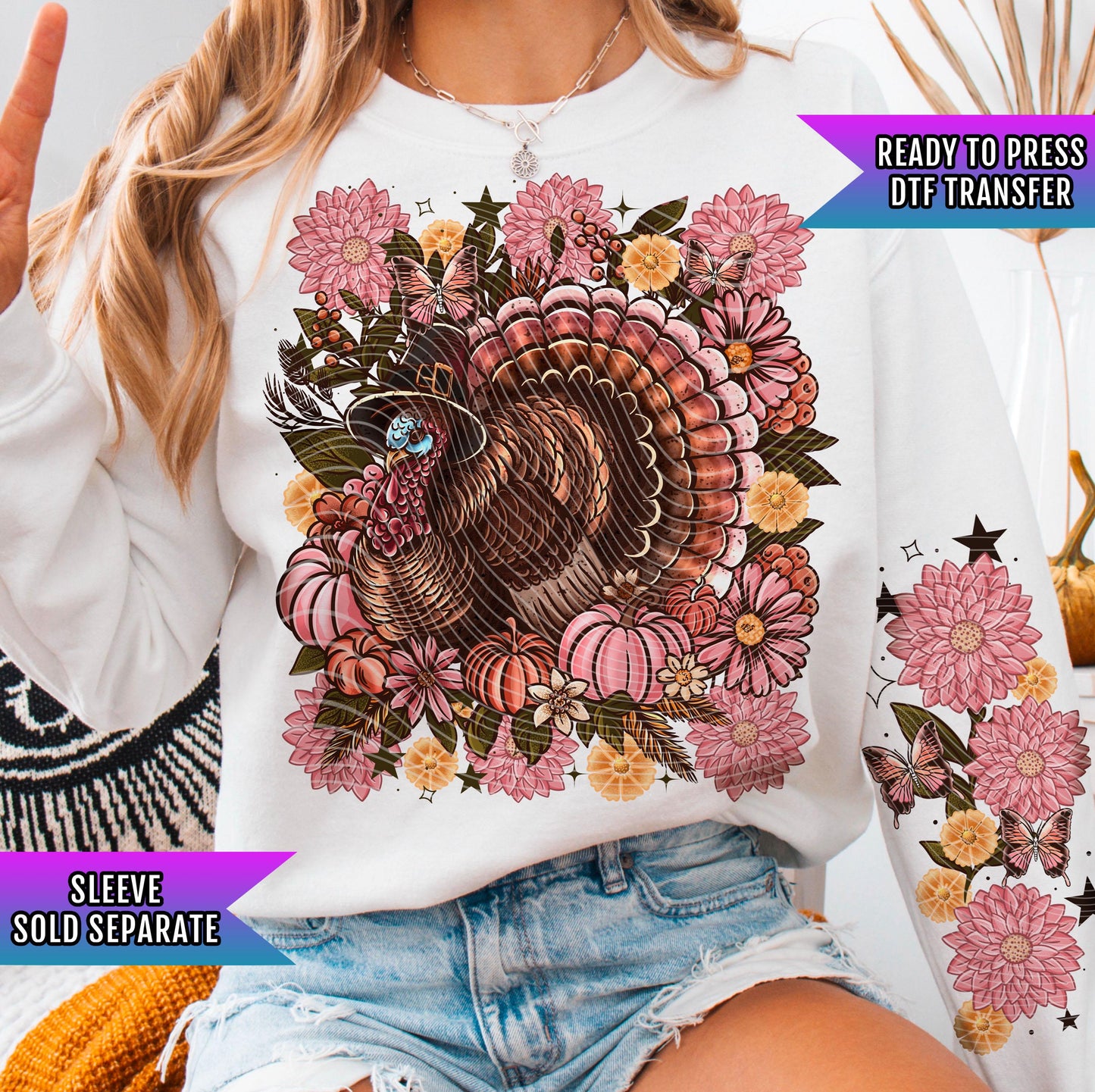 Floral Turkey DTF Transfers Ready For Press, Thanksgiving DTF Transfers, Give Thanks Dtf Transfer, Fall, Heat Press Transfer, Direct To Film