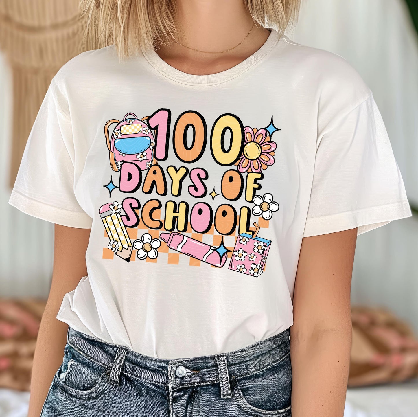 100 Days Of School DTF Transfers Ready For Press, Teacher DTF Print, Heat Press Transfer, Flowers Dtf, Direct To Film, Retro School Transfer