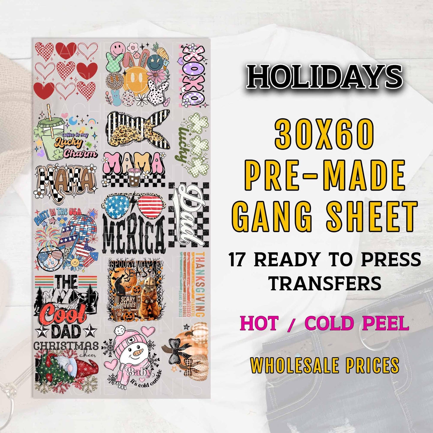 Holidays Gang Sheet, DTF transfers, DTF Transfer Ready For Press, Premade Gang Sheet, Heat Transfer, Valentines Mama Dad Halloween Christmas