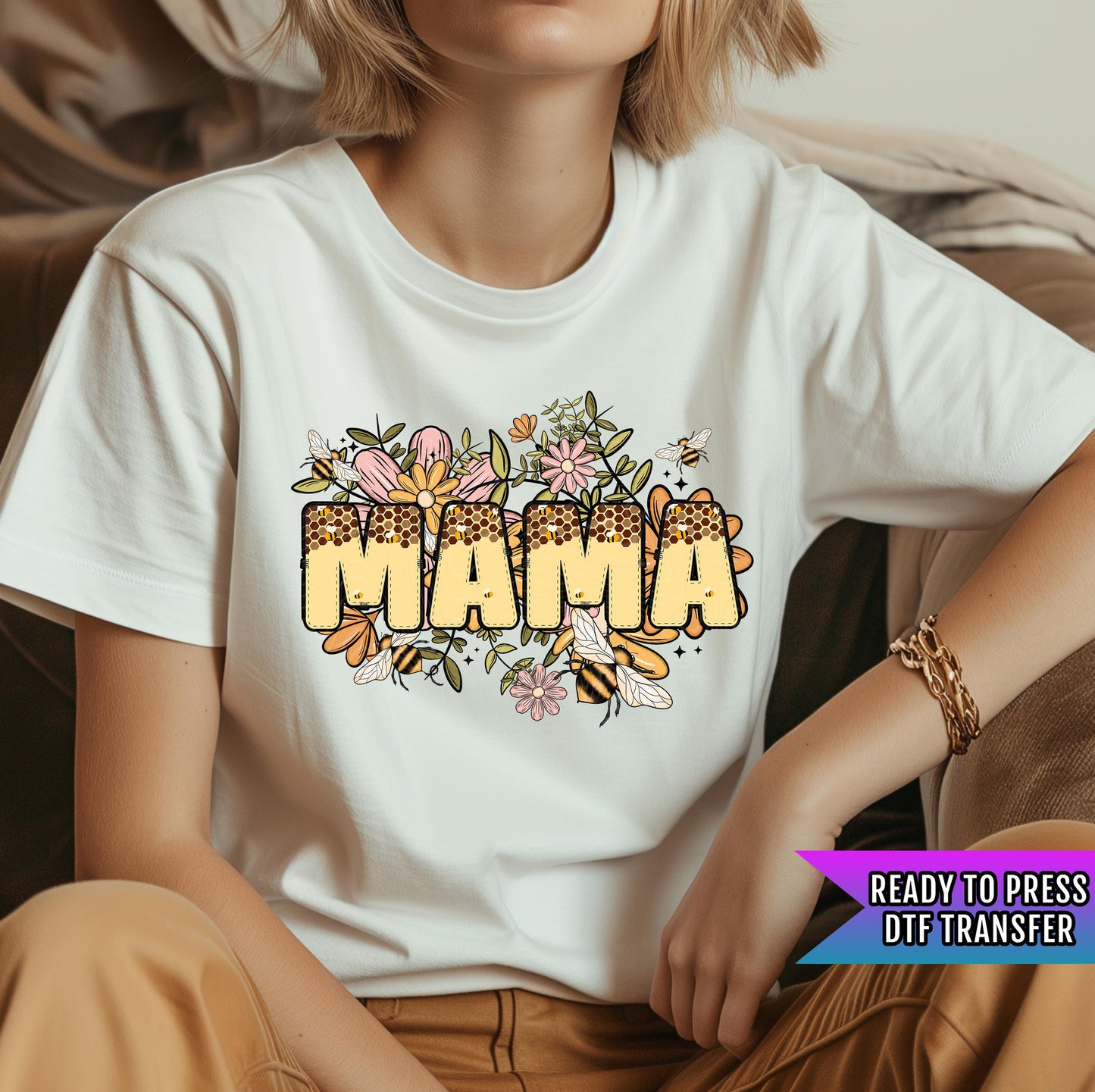 Mama Bee Floral DTF Transfer Ready For Press, Bee Dtf Prints, Heat Press Transfer, Direct To Film, Faith Dtf, Honeycombing Transfer, Mom Dtf