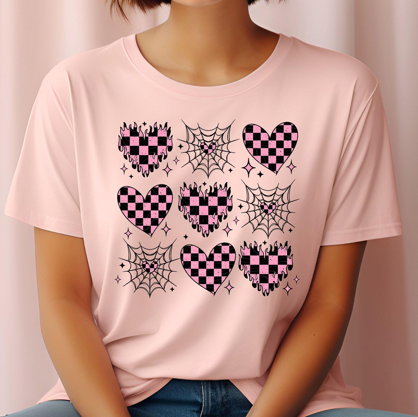 Pink Heart Grid DTF Transfers Ready For Press, Happy Valentine's Day DTF Prints, Heat Press Transfers, Direct To Film, Retro Love Transfers