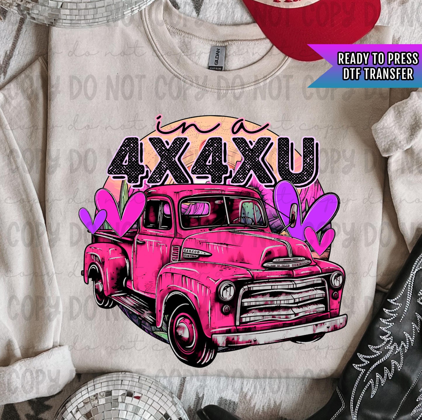 In A 4X4XU Pink Truck DTF Transfers Ready For Press, Happy Valentine's Day DTF Prints, Heat Press Transfers, Direct To Film, Love Transfers