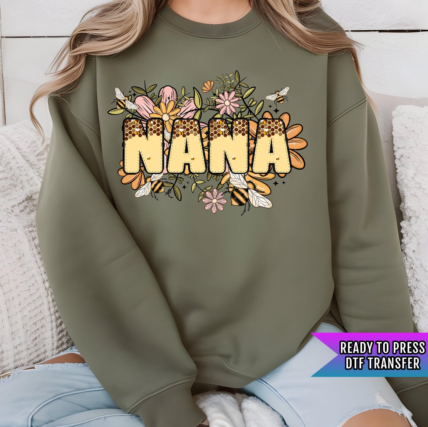 Nana Bee Floral DTF Transfer Ready For Press, Bee Dtf Prints, Heat Press Transfer, Direct To Film, Nana, Honeycombing Transfers, Grandma Dtf