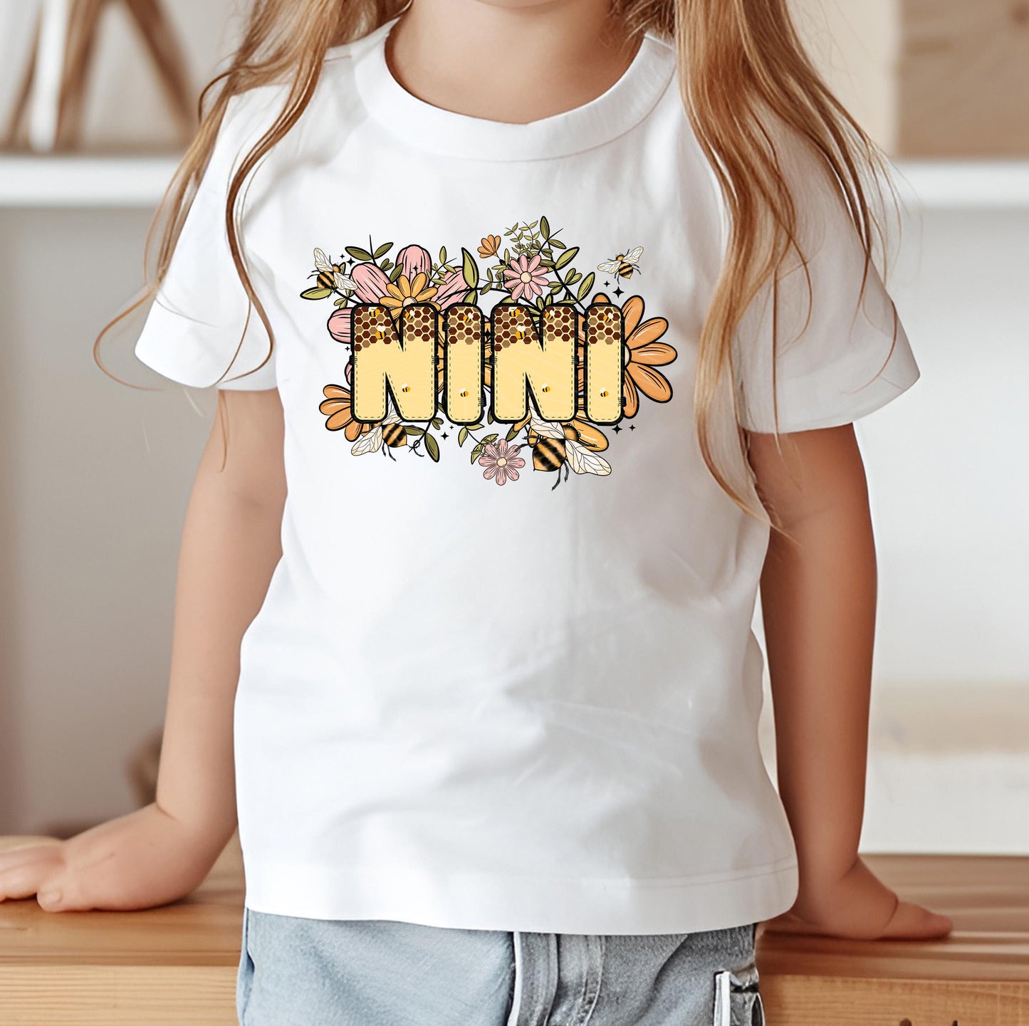 Nini Bee Floral DTF Transfer Ready For Press, Bee Dtf Prints, Heat Press Transfer, Direct To Film, Nini, Honeycombing Transfers, Grandma Dtf