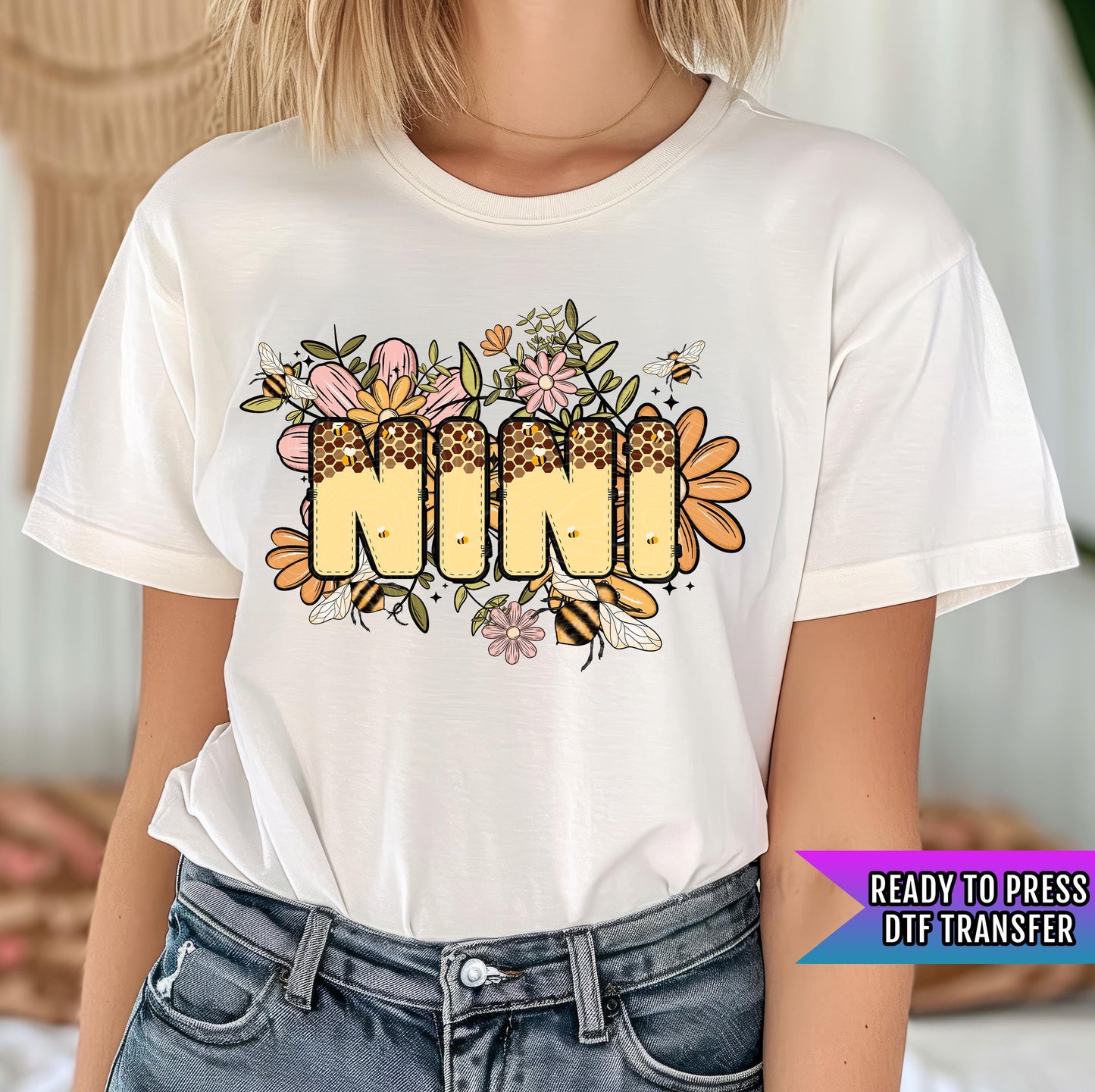 Nini Bee Floral DTF Transfer Ready For Press, Bee Dtf Prints, Heat Press Transfer, Direct To Film, Nini, Honeycombing Transfers, Grandma Dtf
