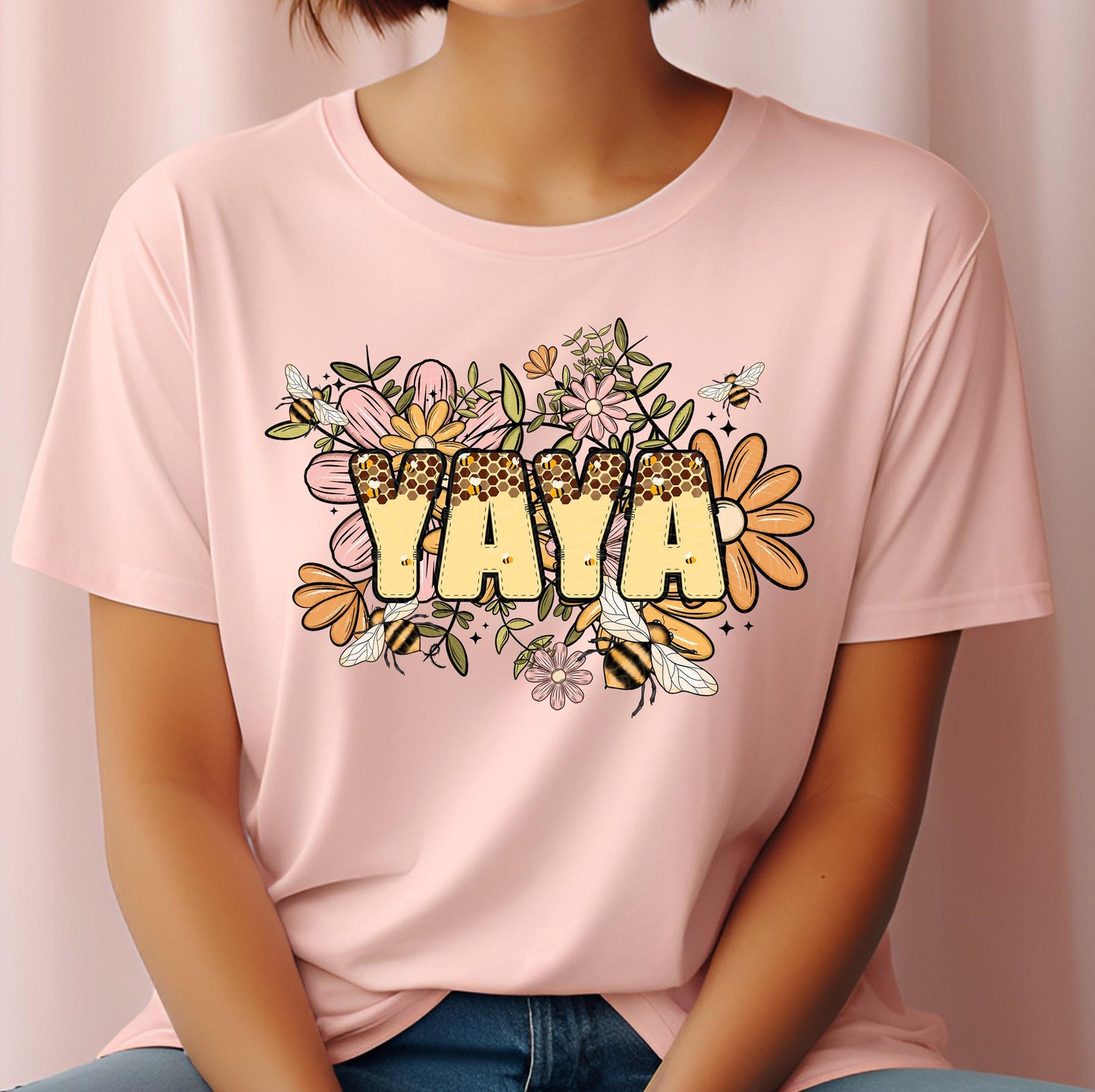 Yaya Bee Floral DTF Transfer Ready For Press, Mama Dtf Prints, Heat Press Transfer, Direct To Film, Nana, Honeycombing Transfer, Grandma Dtf