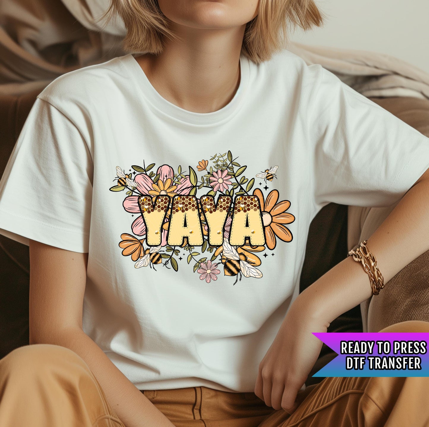 Yaya Bee Floral DTF Transfer Ready For Press, Mama Dtf Prints, Heat Press Transfer, Direct To Film, Nana, Honeycombing Transfer, Grandma Dtf