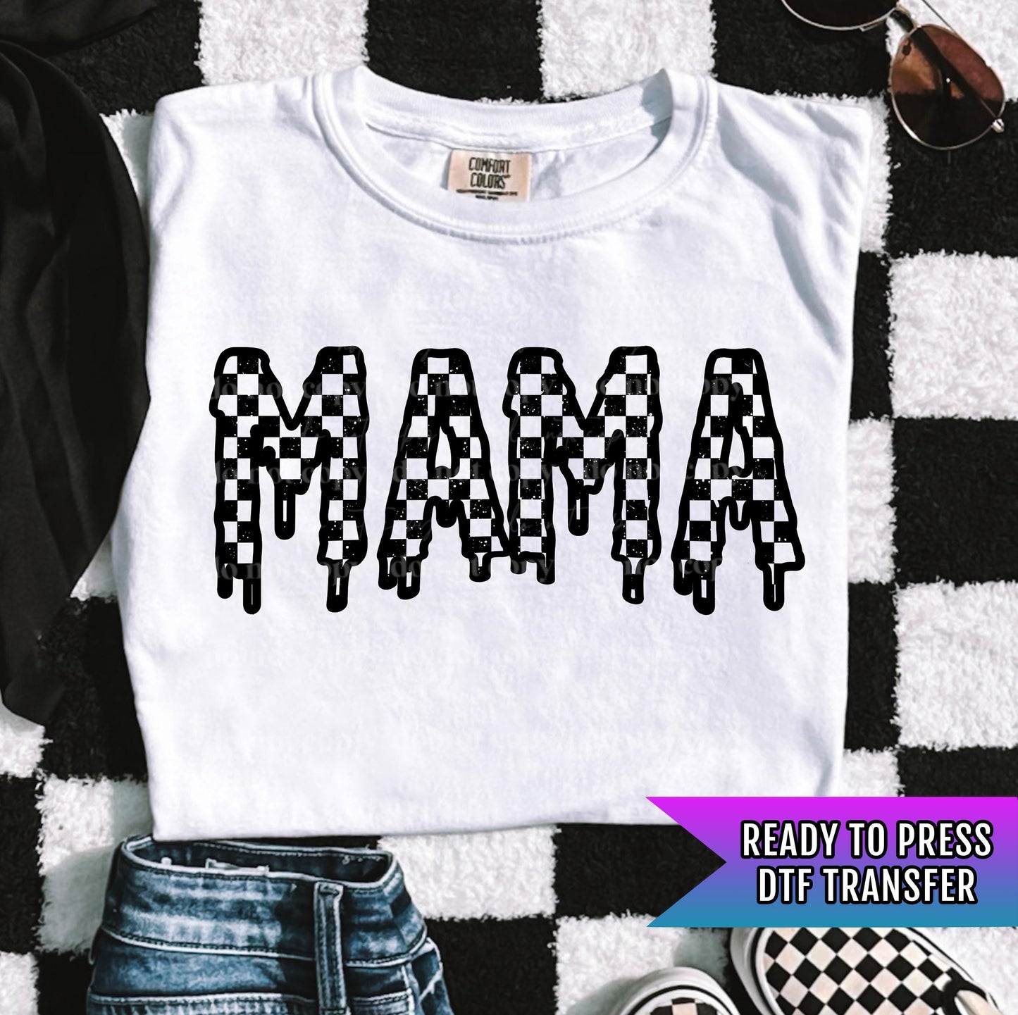 Checkered MamaDTF Transfer Ready For Press, Retro Mama DTF Prints, Heat Press Transfer, Direct To Film, Checkered Mama DTF Prints, Mom Dtf