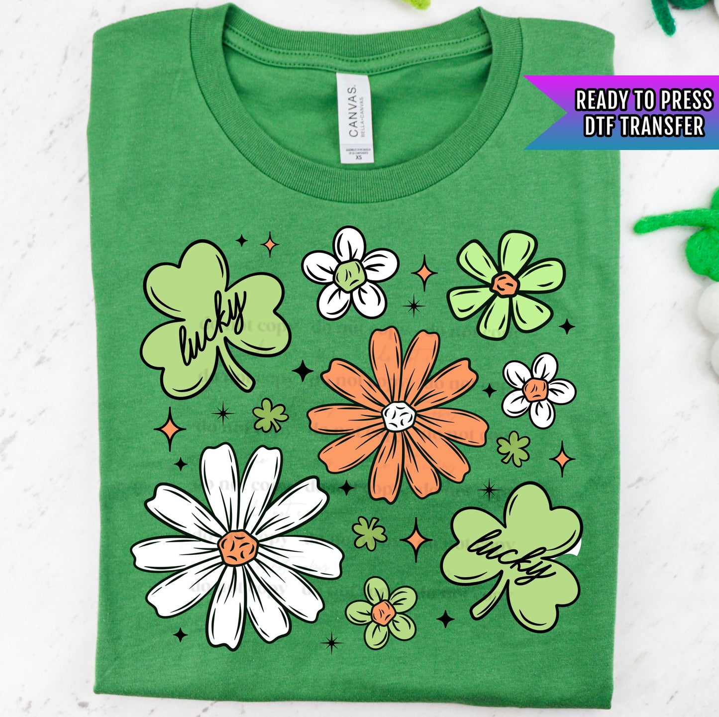 Lucky Florals DTF Transfer Ready For Press, St Patricks Day Shamrock DTF Prints, Heat Press Transfer, Direct To Film, Lucky Dtf Transfers