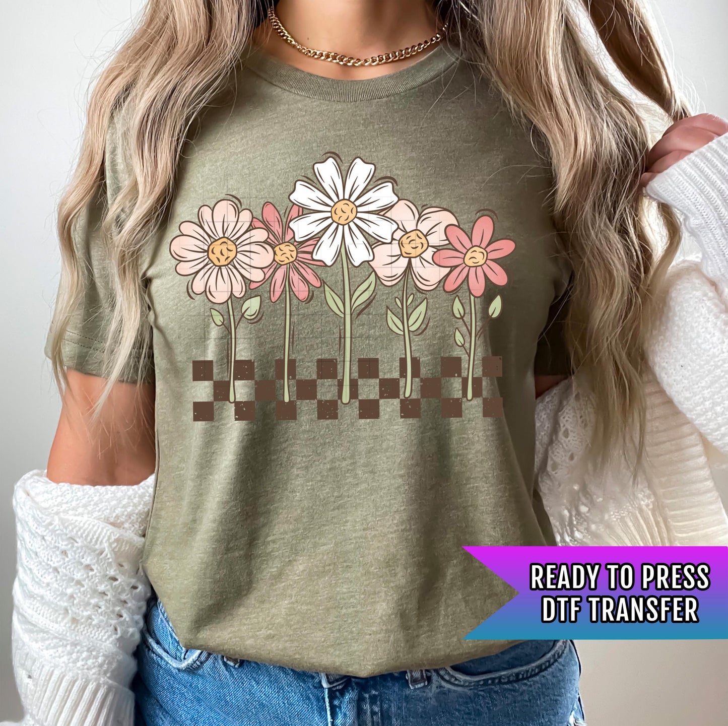 Checker Spring Florals DTF Transfer Ready For Press, Spring Dtf Print, Floral DTF Transfer, Direct To Film, Heat Press Transfer, Tshirt Dtf