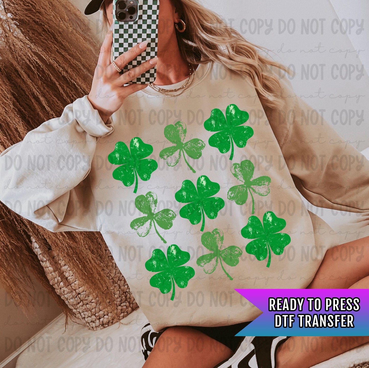 Shamrock Grunge Grid DTF Transfers Ready For Press, Lucky Clover Dtf Prints, Heat Press Transfer, St Patrick's Day Transfers, Direct To Film