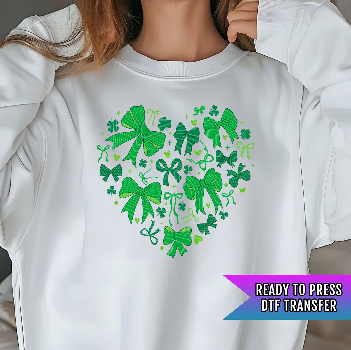 Coquette St Patricks Heart Bow DTF Transfers Ready For Press, Lucky Clover Dtf Prints, Heat Press Transfer, St Patrick's Day Transfers