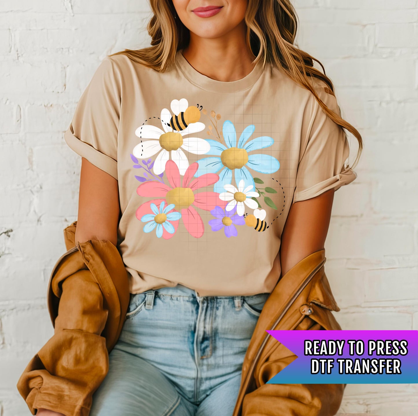 Spring Floral Bees DTF Transfer Ready For Press, Bee Lover Dtf Print, Direct To Film, Heat Press Transfer, Flowers and Bees Transfer
