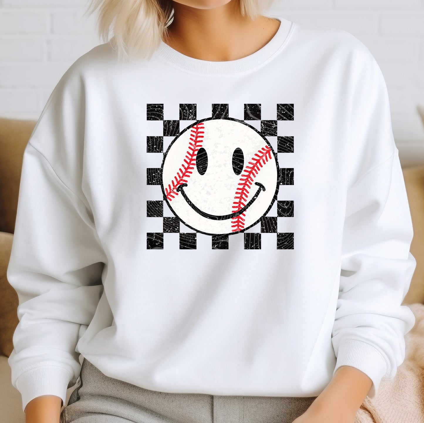 Baseball Happy Face DTF Transfers Ready For Press, Baseball DTF Prints, Heat Press Transfer, Direct To Film, Checkered Baseball Dtf Transfer