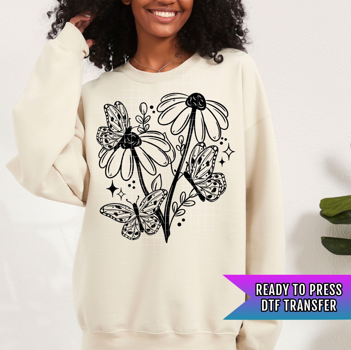 Daisy Butterflies DTF Transfer Ready For Press, Flowers Dtf Print, Floral DTF Transfer, Direct To Film, Heat Press Transfer, Tshirt Dtf