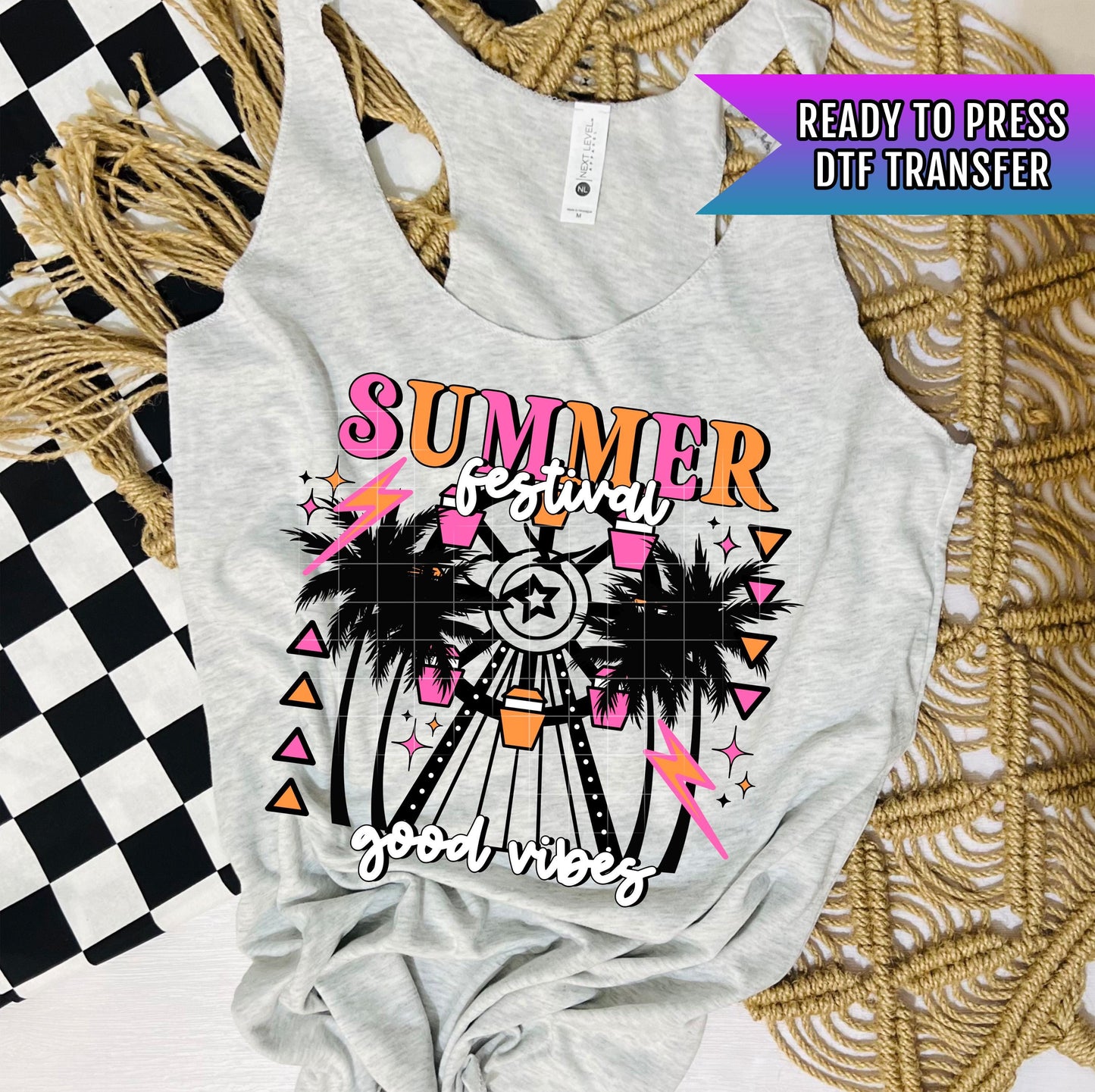 Summer Festival Good Vibes DTF Transfer Ready For Press, Beach Dtf Print, Summer DTF Transfer, Heat Press Transfer Direct To Film Sunset DTF