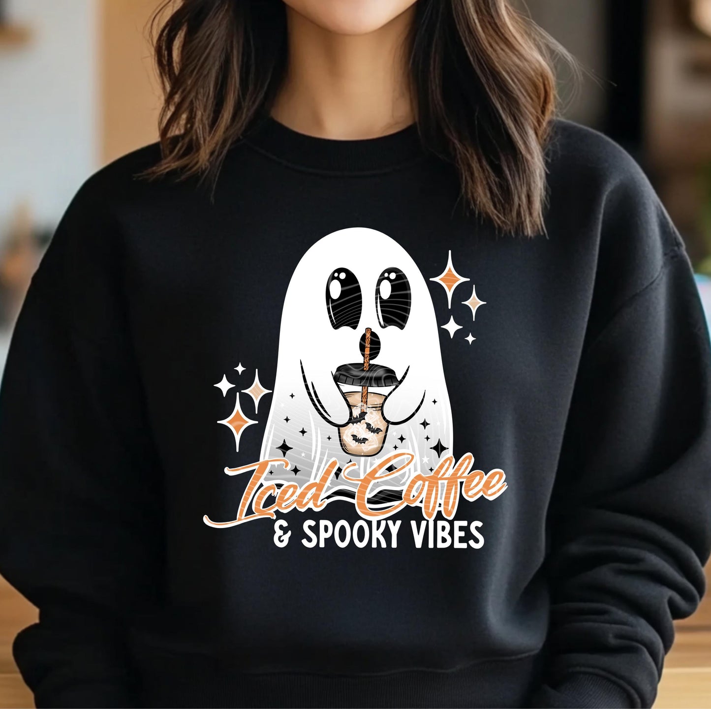 Iced Coffe & Spooky Vibes DTF Transfer, Halloween DTF Transfer Ready For Press, Ghost, Heat Press Transfer, Direct To Film, Custom Transfer