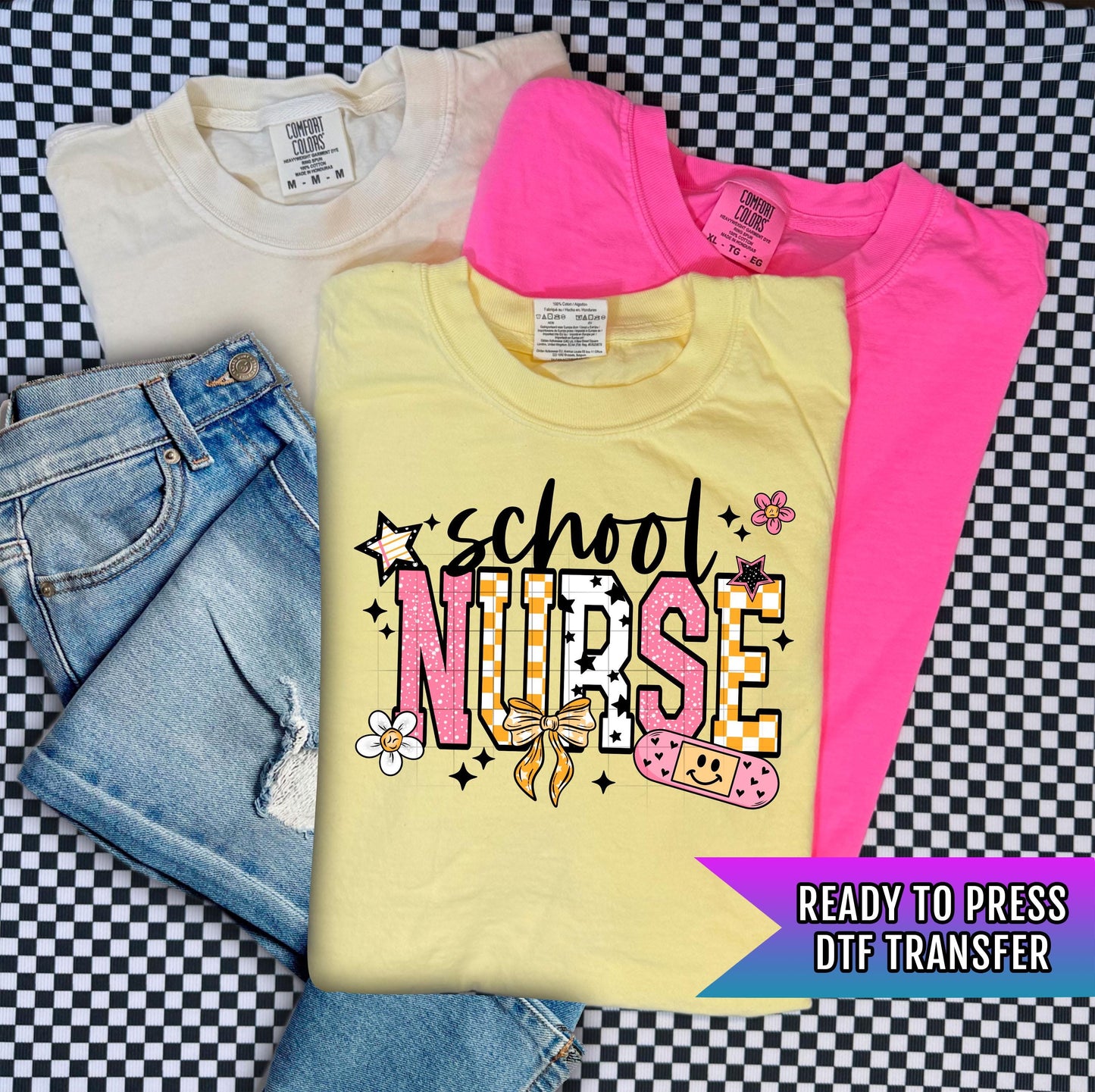 School Nurse DTF Transfer Ready For Press, Retro Checkerboard Nurse DTF Print, Heat Press Transfer Direct To Film Custom Transfer Healthcare