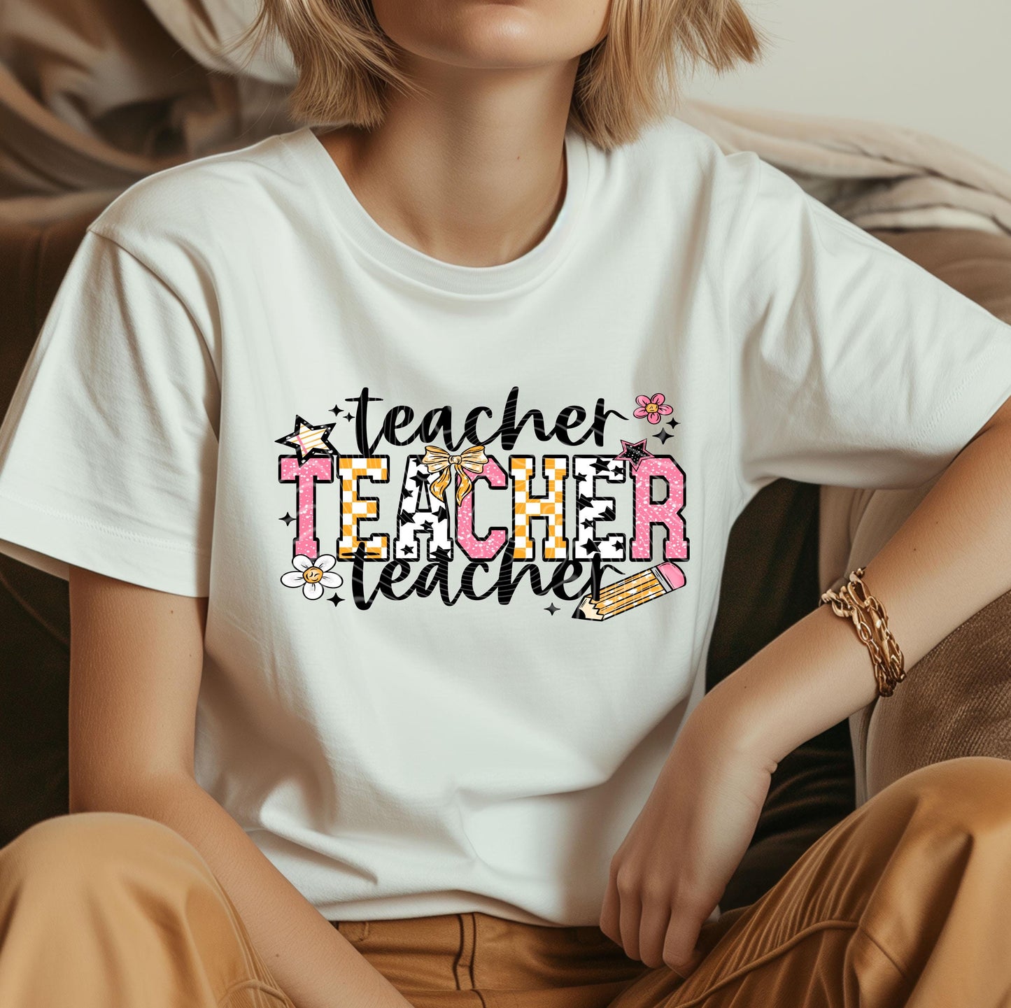 Teacher DTF Transfer Ready For Press, Retro Checkerboard Educator Dtf Print, Direct To Film Heat Press Transfer Custom Transfer School Staff