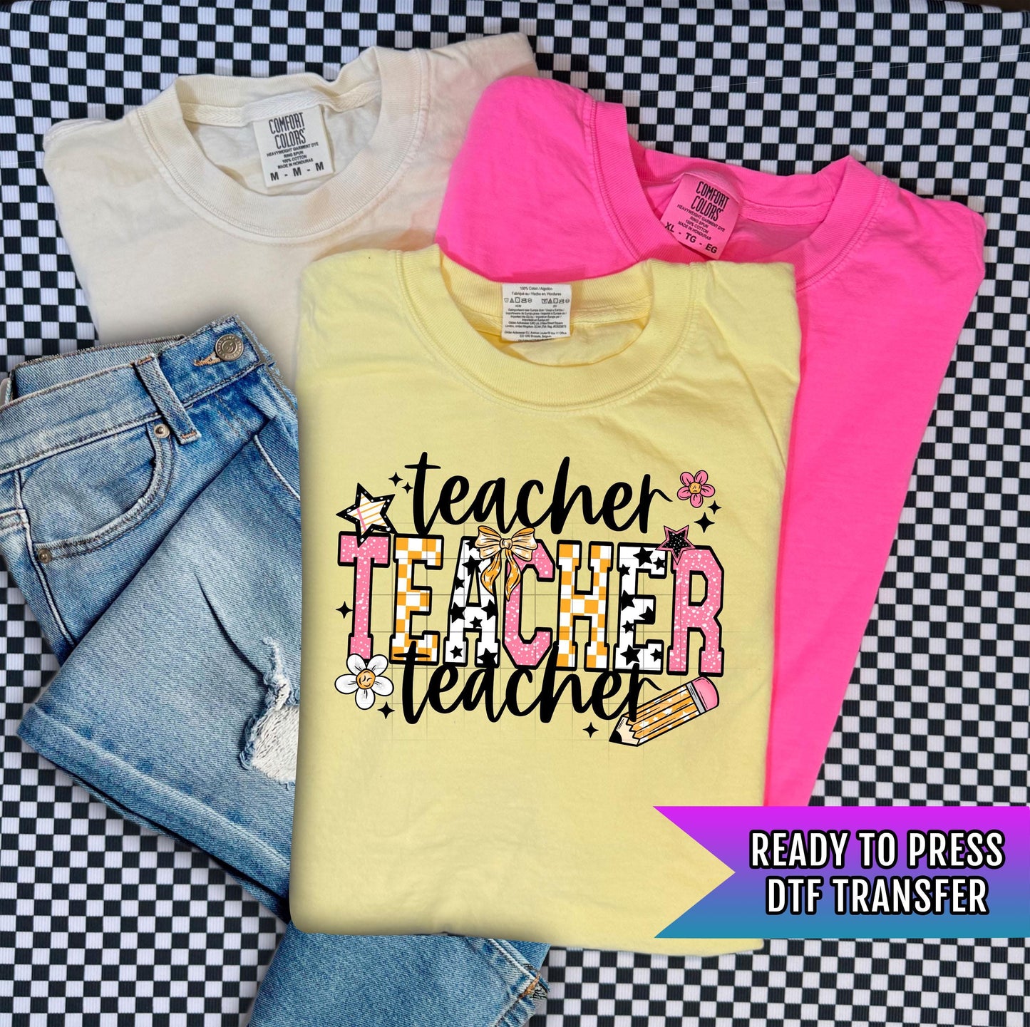 Teacher DTF Transfer Ready For Press, Retro Checkerboard Educator Dtf Print, Direct To Film Heat Press Transfer Custom Transfer School Staff