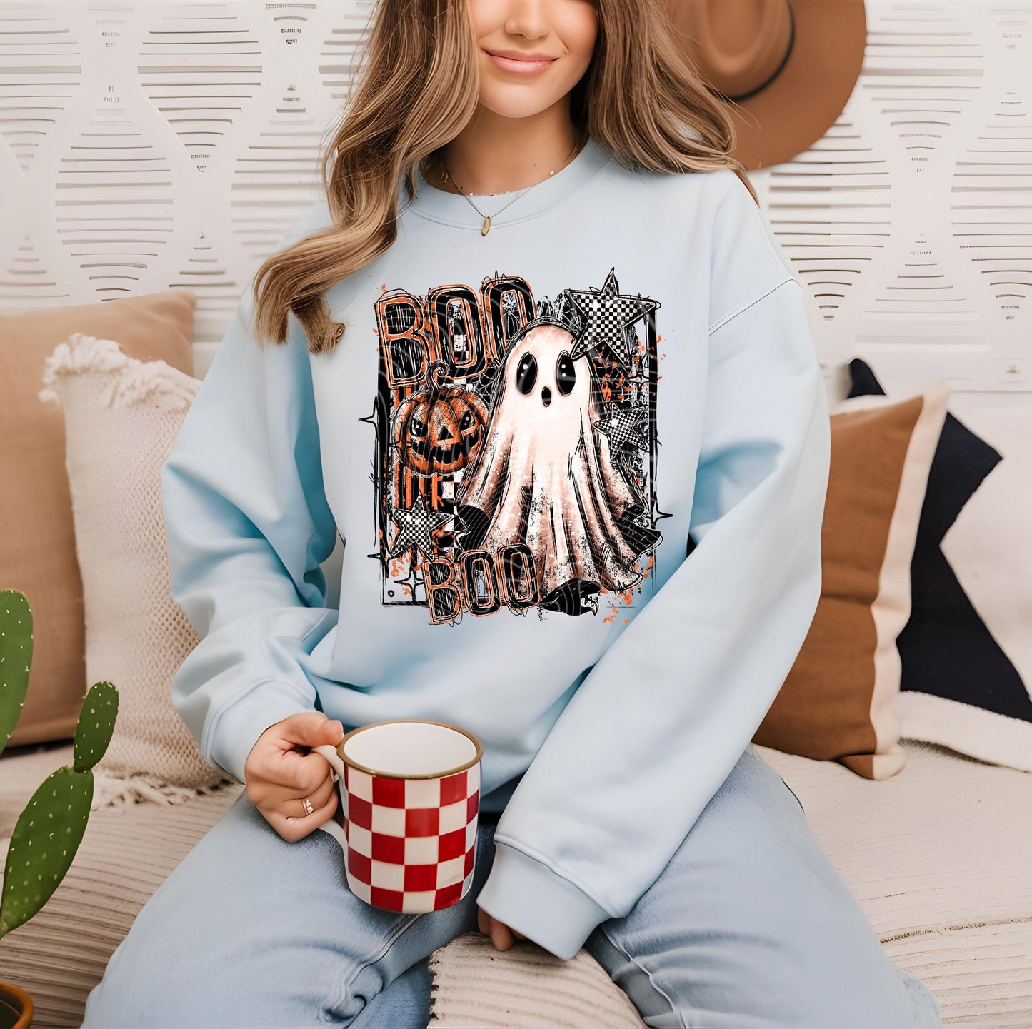 BOO Halloween DTF Transfer, Pastel Halloween Ghost Pumpkin DTF Transfer Ready For Press, Heat Press Transfer, Direct To Film Custom Transfer