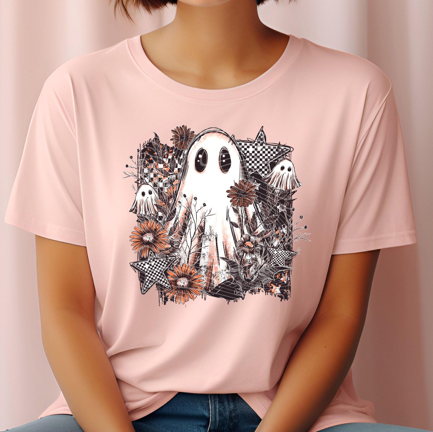 Cute Ghost DTF Transfer, Halloween DTF Transfer Ready For Press, Floral Spooky Dtf Print, Heat Press Transfer Direct To Film Custom Transfer